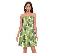 Vestido de verano con diseño de hojas tropicales de color blanco palmera y cintura definida en una línea de silueta acampanada, Hojas tropicales blanco palma, XL