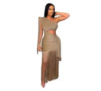 Vestido de Verano con Flecos en Diagonal y un Hombro for Mujer, borlas ahuecadas, for Vacaciones, cumpleaños, Noche Club Nocturno For CóCtel, Fiesta De GraduacióN Y Baile(Khaki,S)