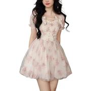 Vestido de verano Cute Fairy Dress Elegant Pink Kawaii Sweet Dresses Female Puff Sleeve French Vintage Party Mini Dress (Color : Flower Dress, Size : S)