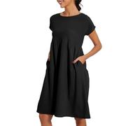 Vestido de verano de algodón liso con cuello redondo y manga corta para mujer, vestido de viaje de maternidad, vacaciones, talla grande, Negro, S