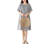 Vestido De Verano De Algodón y Lino para Mujer Estilo Midi Informal De Manga Corta y Cuello Redondo Ideal para La Playa. Vestidos De Playa Básicos para Vacaciones. Color Gris Claro Talla L.