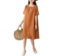 Vestido De Verano De Algodón y Lino para Mujer Estilo Midi Informal De Manga Corta y Cuello Redondo Ideal para La Playa. Vestidos De Playa Básicos para Vacaciones Color Caramelo. Talla L.