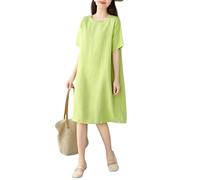 Vestido De Verano De Algodón y Lino para Mujer Estilo Midi Informal De Manga Corta y Cuello Redondo Ideal para La Playa. Vestidos De Playa Básicos Vacaciones. Color Verde Fruta.