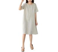 Vestido De Verano De Algodón y Lino para Mujer Estilo Midi Informal De Manga Corta y Cuello Redondo Ideal para La Playa. Vestidos De Playa Básicos Vacaciones. Color Lino Talla X
