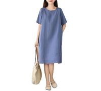 Vestido De Verano De Algodón y Lino para Mujer Estilo Midi Informal De Manga Corta y Cuello Redondo Ideal para La Playa. Vestidos De Playa Básicos Vacaciones. Color Gris Azulado