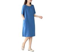 Vestido De Verano De Algodón y Lino para Mujer Estilo Midi Informal De Manga Corta y Cuello Redondo Ideal para La Playa. Vestidos De Playa Básicos Vacaciones. Color Azul Marino.