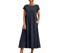 Vestido de verano de color sólido con cuello redondo sin mangas y maxi vestidos sueltos algodón cáñamo con bolsillos de color simple sin mangas de lino bolsillos de bolsillo vestido casual, BU1, M