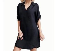 Vestido de verano de las mujeres más moda turno vestido camisa abajo cuello algodón mujeres sólido lino tamaño más tamaño, Negro , L