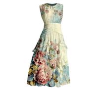 Vestido de verano de lino y algodón para mujer, sin mangas, estampado floral bohemio, tela suave y suelta, atuendo ligero casual para viajes de verano, playa, vacaciones, 1e-verde, L