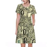 Vestido de verano de manga corta con cuello redondo y estampado de signo de dólar para mujer, estilo informal, para uso diario, Negro, S
