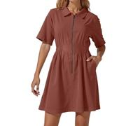Vestido De Verano De Manga Corta, Vestido De Playa De Mujer Con Cuello Reverso Con Cremallera De Corte Holgado Casual Color Sólido Clásicos De Todos Los Días Streetwear Chic Y Elegantes Cómodo Básico