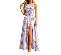 Vestido de Verano Largo para Mujer, Vestido Floral con un Hombro, Vestido de invitado de Boda con Abertura y cinturón, Elegante, Vestido de cóctel, Ligero, Transpirable, Vestido de Playa B617
