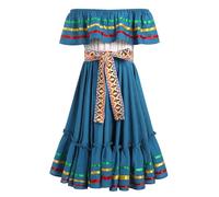 Vestido de verano mexicano para niñas, con hombros descubiertos, línea A, bloque de colores, volante, vestido casual para niños, vestido de Cinco de Mayo, fiesta, señorita, Halloween, carnaval con