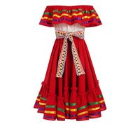 Vestido de verano mexicano para niñas, con hombros descubiertos, línea A, bloque de colores, volante, vestido casual infantil, para Cinco de Mayo, fiesta, Señorita, Halloween, carnaval, con cinturón