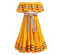 Vestido de verano mexicano para niñas, con hombros descubiertos, línea A, bloque de colores, volante, vestido casual para niños, Cinco de Mayo, fiesta, señorita, Halloween, carnaval con cinturón