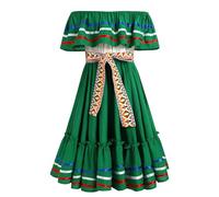Vestido de verano mexicano para niñas, hombros descubiertos, línea A, bloque de colores, volante, vestido casual para niños, Cinco de Mayo, fiesta, señorita, Halloween, carnaval con cinturón, verde, 9