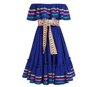 Vestido de verano mexicano para niñas, hombros descubiertos, línea A, bloque de colores, volante, vestido casual para niños, Cinco de Mayo, fiesta, señorita, Halloween, carnaval con cinturón, azul