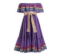 Vestido de verano mexicano para niñas, hombros descubiertos, línea A, bloque de colores, volante, vestido casual para niños, Cinco de Mayo, fiesta, señorita, Halloween, carnaval con cinturón, morado