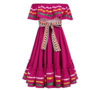 Vestido de verano mexicano para niñas, hombros descubiertos, línea A, bloque de colores, volante, vestido casual para niños, Cinco de Mayo, fiesta, señorita, Halloween, carnaval con cinturón, caliente