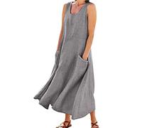 Vestido De Verano Mujer Sin Mangas- Vestido De Playa Largo,Vestido De Gran Tamaño Mujer Con Bolsillos Cuello U Casual Vestidos De Color Sólido Vacaciones En Casa Salida Cómodo Y Transpirable Vestidos