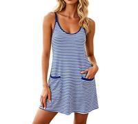 Vestido de verano para mujer a rayas, vestido vintage sin mangas con tirantes sexy cuello en V corto casual vestido elegante y elegante con bolsillos para interior exterior, azul, XL