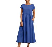 Vestido de verano para mujer, casual, cuello redondo, manga corta, elegante, ropa envolvente con bolsillos, cómodas faldas de playa hasta la rodilla, ropa de fiesta de otoño, Bu2., L