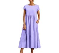 Vestido de verano para mujer, casual, cuello redondo, manga corta, elegante, ropa envolvente con bolsillos, cómodas faldas de playa hasta la rodilla, ropa de fiesta de otoño, Morado (, M