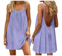 Vestido de Verano para Mujer Casual Espalda Descubierta Cuello Ancho Algodón y Lino Bohemio Color Sólido Vestidos Lino Cortos Cómodo y Transpirable para Playa Vacaciones S-5XL
