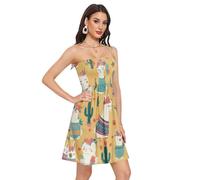 Vestido de verano para mujer, casual, sin tirantes, para verano, playa, vacaciones, Llamas y cactus en amarillo, S