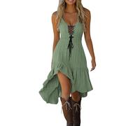 Vestido de verano para mujer, con dobladillo irregular, líneas A, cintura elástica, con cordones, sin mangas, largo hasta la rodilla, vestido de verano, vintage, con costuras de encaje, vestido midi