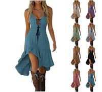 Vestido de verano para mujer, con dobladillo irregular, líneas A, cintura elástica, con cordones, sin mangas, largo hasta la rodilla, vestido de verano, vintage, con costuras de encaje, vestido midi