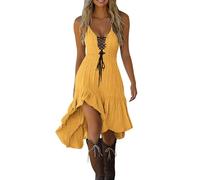 Vestido de verano para mujer, con dobladillo irregular, líneas A, cintura elástica, con cordones, sin mangas, largo hasta la rodilla, vestido de verano, vintage, con costuras de encaje, vestido midi