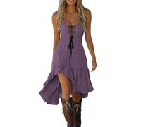 Vestido de verano para mujer, con dobladillo irregular, líneas A, cintura elástica, con cordones, sin mangas, largo hasta la rodilla, vestido de verano, vintage, con costuras de encaje, vestido midi