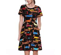 Vestido de verano para mujer, con estampado de perro salchicha, informal, de manga corta, con bolsillos, Negro, XXL