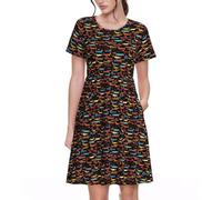 Vestido de verano para mujer, con estampado de perro salchicha, informal, de manga corta, con bolsillos, Negro, L