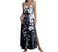 Vestido de verano para mujer con estampado floral, elegante túnica, informal, sin mangas, tirantes delgados, cuello en V, satén, pijama, suave, para casa, playa, vacaciones, vestido largo, azul oscuro