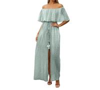 Vestido de verano para mujer, con hombros descubiertos, cintura ahuecada, abertura lateral, estampado tropical, vestido informal para la playa, verde menta, L