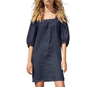 Vestido de verano para mujer, corto, elegante, de lino, para verano, blanco, para el tiempo libre, de verano, de algodón, de lino, con cuello cuadrado, mangas 5/4, con mangas acolchadas, para el