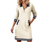 Vestido de verano para mujer, cuello de pico, manga larga, bloque de color, vestido con media cremallera, corto, elegante, cuello sobre, polo, vestido ancho, vestido midi para el tiempo libre, vestido