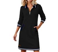 Vestido de verano para mujer, cuello de pico, manga larga, bloque de color, vestido con media cremallera, corto, elegante, cuello sobre, polo, vestido ancho, vestido midi para el tiempo libre, vestido