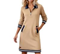 Vestido de verano para mujer, cuello de pico, manga larga, bloque de color, vestido con media cremallera, corto, elegante, cuello sobre, polo, vestido ancho, vestido midi para el tiempo libre, vestido