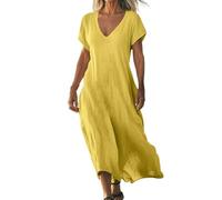 Vestido de verano para mujer, de algodón, manga corta, cuello en V, vestido largo, cómodo, fluido, para vacaciones en la playa, amarillo, XL