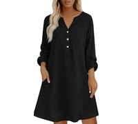 Vestido de verano para mujer, de lino, manga corta, con botones, cuello en V, elegante, para cóctel, oficina, vestido casual de Reino Unido, vestido midi con bolsillos, ajuste holgado, para vacaciones