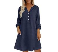 Vestido de verano para mujer, de lino, manga corta, con botones, cuello en V, elegante, para cóctel, oficina, vestido casual de Reino Unido, vestido midi con bolsillos, ajuste holgado, para vacaciones