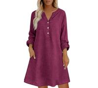 Vestido de verano para mujer, de lino, manga corta, con botones, cuello en V, elegante, para cóctel, oficina, vestido casual de Reino Unido, vestido midi con bolsillos, ajuste holgado, para vacaciones
