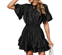 Vestido de verano para mujer de raso y manga corta con cuello en V con cinturón, con volantes elegante para noche diaria, vestido largo chic, Le Noir, L