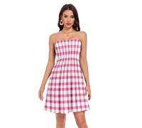 Vestido de verano para mujer, de tela modal, de cintura alta, a cuadros, color rosa, Rosa Plaid Cute, S