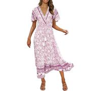 Vestido de verano para mujer, elegante, bohemio, largo, largo, cuello en V, vestido floral, cintura alta, vestido de cordón, flores, swing flowy, vestido de baile, vestido informal, vestido de túnica