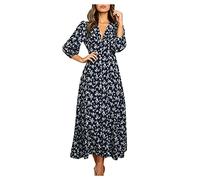 Vestido de verano para mujer, elegante, manga 3/4, flores, gasa, plegable, cuello en V, cintura alta, con volantes, vestido largo de fiesta, manga larga, otoño, tiempo, Marina militar., L