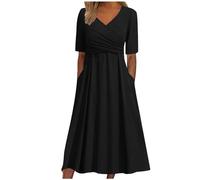 Vestido de verano para mujer largo elegante con escote en V, manga corta, maxivestido, vestido de playa, vestido de línea A, blusa con bolsillos para vacaciones en la playa y fiestas playeras, 05